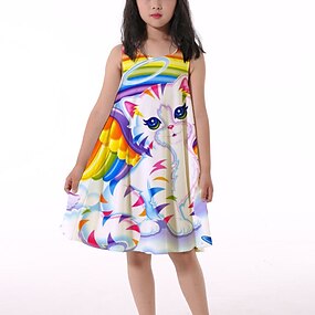 Kinder Mädchen Kurzarm Kleid Baumwolle  Katzen Drucken  Kleidung Freizeitkleider 