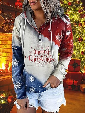Christmas Women Sweatshirt Elk Printed Long Sleeve Color Block Hoodies Pullover Tops Blouse with Pocket 