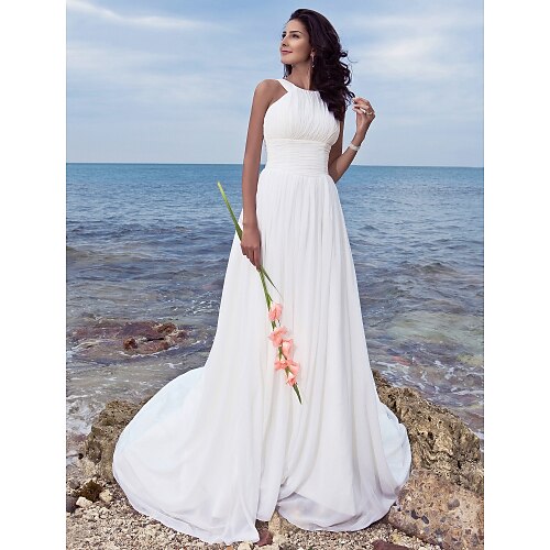 

A-Line Wedding Dresses Jewel Neck Sweep / Brush Train Chiffon Regular Straps Formal Beach Plus Size with Ruched Draping 2022