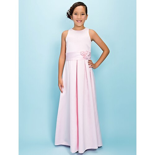 

A-Line Floor Length Jewel Neck Satin Junior Bridesmaid Dresses&Gowns With Sash / Ribbon Wedding Party Dresses 4-16 Year