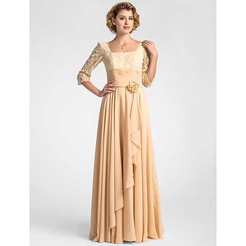 

A-Line Mother of the Bride Dress Beautiful Back Straight Neckline Floor Length Chiffon Lace Half Sleeve with Ruched Draping Flower 2022