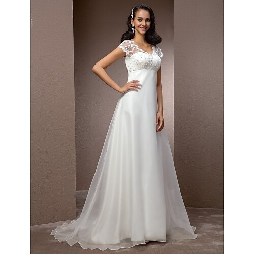A-Line Wedding Dresses V Neck Court Train Lace Organza Short Sleeve Simple Vintage Little White Dress with Beading 2022 / Illusion Sleeve
A-Line Wedding Dresses V Neck Court Train Lace Organza Short Sleeve Simple Vintage Little White Dress with Beading 2022 / Illusion Sleeve