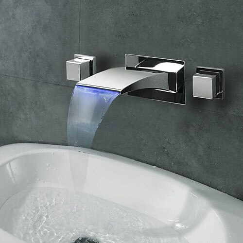 

Wall Mount Bathroom Sink Faucet,Waterfall Chrome Finish Water Flow LED Power Source Two Handles Three Holes Bath Taps with Hot and Cold Switch and Valve
