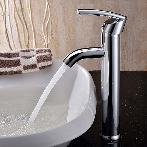 

Bathroom Sink Faucets,Brass Contemporary Style Single Handle One Hole Chrome Finish Bath Tap with Cold and Hot Switch