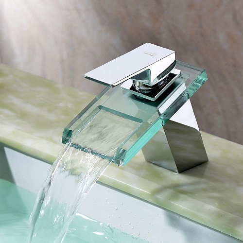 

Bathroom Sink Faucet with Glass Spout Waterfall Chrome Finish Deck Mount Vessel Sink Vanity Bathtub Mixer Taps