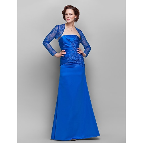 

Sheath / Column Mother of the Bride Dress Wrap Included Strapless Floor Length Satin Lace Long Sleeve with Beading Appliques Side Draping 2022