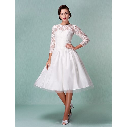 A-Line Wedding Dresses Bateau Neck Knee Length Lace Tulle 3/4 Length Sleeve Little White Dress with Lace 2022 / Illusion Sleeve
A-Line Wedding Dresses Bateau Neck Knee Length Lace Tulle 3/4 Length Sleeve Little White Dress with Lace 2022 / Illusion Sleeve
