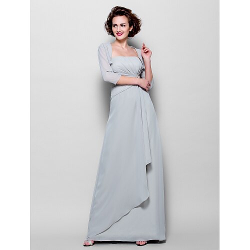 

Sheath / Column Mother of the Bride Dress Wrap Included Strapless Floor Length Chiffon 3/4 Length Sleeve with Ruched Side Draping Crystal Brooch 2022