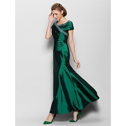 

A-Line Mother of the Bride Dress Vintage Inspired V Neck Ankle Length Taffeta Short Sleeve with Beading Side Draping 2022