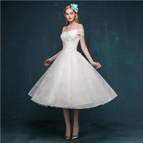 A-Line Wedding Dresses Off Shoulder Tea Length Beaded Lace Short Sleeve Casual Vintage Plus Size Cute with Beading Sequin Appliques 2022
A-Line Wedding Dresses Off Shoulder Tea Length Beaded Lace Short Sleeve Casual Vintage Plus Size Cute with Beading Sequin Appliques 2022