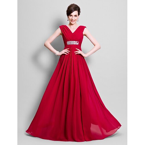 

A-Line Mother of the Bride Dress Open Back V Neck Floor Length Chiffon Sleeveless with Beading Side Draping 2022