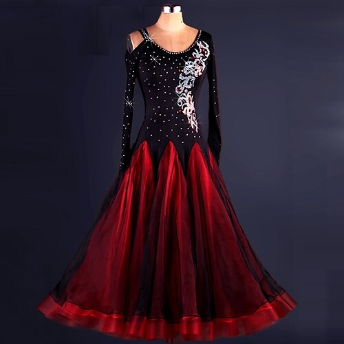 

Ballroom Dance Dress Lace Draping Crystals / Rhinestones Women's Performance Long Sleeve High Spandex Organza