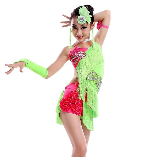 

Latin Dance Dress Tassel Crystals / Rhinestones Performance Sleeveless Natural Milk Fiber