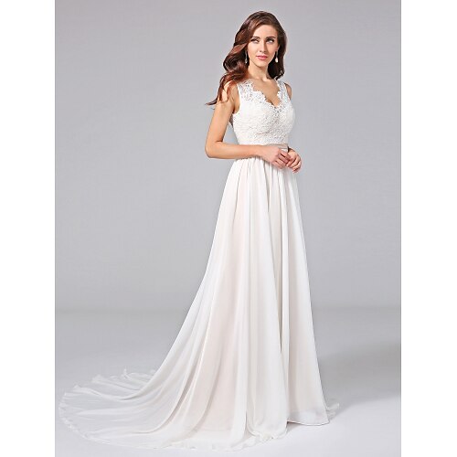 A-Line Wedding Dresses V Neck Court Train Chiffon Lace Regular Straps Romantic See-Through Plus Size Backless with Lace Sash / Ribbon Appliques 2022
A-Line Wedding Dresses V Neck Court Train Chiffon Lace Regular Straps Romantic See-Through Plus Size Backless with Lace Sash / Ribbon Appliques 2022