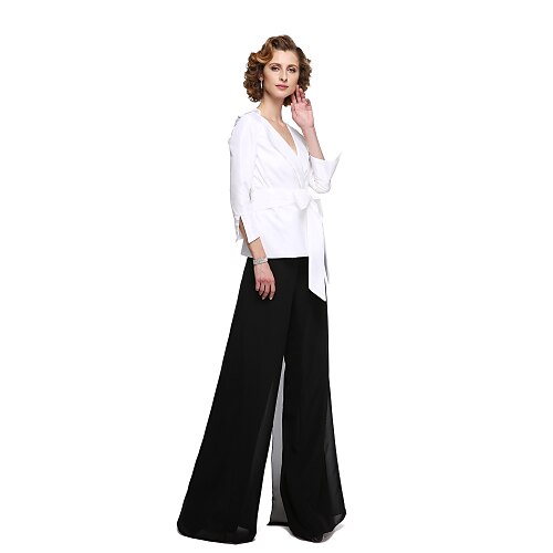 

Sheath / Column Pantsuit Mother of the Bride Dress Elegant V Neck Floor Length Chiffon Stretch Satin 3/4 Length Sleeve with Sash / Ribbon 2022