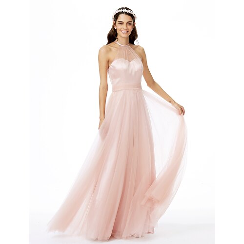 

A-Line Bridesmaid Dress Jewel Neck Sleeveless See Through Floor Length Tulle with Sash / Ribbon / Pleats 2022
