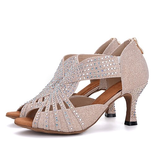 

Women's Latin Shoes Salsa Shoes Performance Glitter Crystal Sequined Jeweled Sandal Heel Rhinestone Buckle Flared Heel Zipper Black / White White / Silver Rosy Pink / Leather