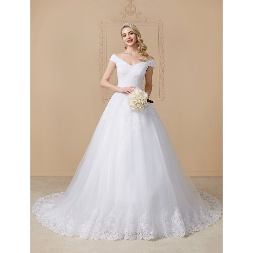 Ball Gown Wedding Dresses V Neck Cathedral Train Lace Tulle Cap Sleeve Glamorous Illusion Detail with Lace Appliques 2022
Ball Gown Wedding Dresses V Neck Cathedral Train Lace Tulle Cap Sleeve Glamorous Illusion Detail with Lace Appliques 2022