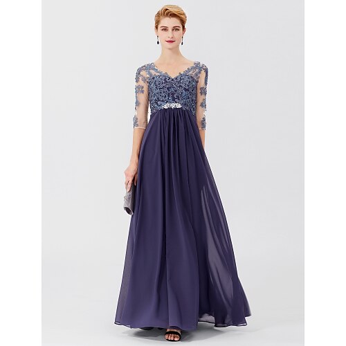 Ball Gown A-Line Mother of the Bride Dress Plus Size Elegant V Neck Floor Length Chiffon Sheer Lace 3/4 Length Sleeve with Crystals Appliques 2022
Ball Gown A-Line Mother of the Bride Dress Plus Size Elegant V Neck Floor Length Chiffon Sheer Lace 3/4 Length Sleeve with Crystals Appliques 2022
