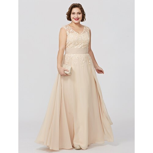 A-Line Mother of the Bride Dress Plus Size Elegant V Neck Floor Length Chiffon Sheer Lace Sleeveless with Sash / Ribbon Appliques 2022
A-Line Mother of the Bride Dress Plus Size Elegant V Neck Floor Length Chiffon Sheer Lace Sleeveless with Sash / Ribbon Appliques 2022
