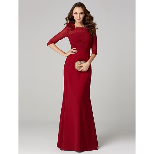 

Sheath / Column Keyhole Dress Holiday Floor Length 3/4 Length Sleeve Bateau Neck Charmeuse with Ruched Flower 2022 / Cocktail Party / Formal Evening