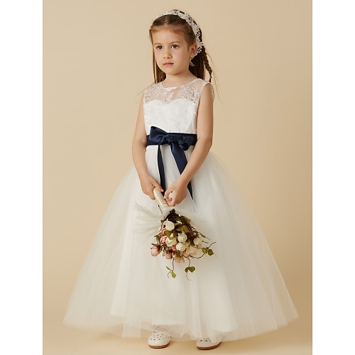 

Wedding First Communion A-Line Flower Girl Dresses Jewel Neck Ankle Length Lace Tulle Spring Summer with Sash / Ribbon Bow(s) Tutu Cute Girls' Party Dress Fit 3-16 Years
