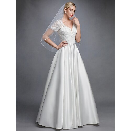 A-Line Wedding Dresses V Neck Floor Length Lace Satin Short Sleeve Beautiful Back with Appliques 2022
A-Line Wedding Dresses V Neck Floor Length Lace Satin Short Sleeve Beautiful Back with Appliques 2022