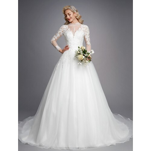 Ball Gown Wedding Dresses High Neck Court Train Lace Tulle Long Sleeve Romantic Plus Size Illusion Sleeve with Beading Appliques 2022 / Royal Style
Ball Gown Wedding Dresses High Neck Court Train Lace Tulle Long Sleeve Romantic Plus Size Illusion Sleeve with Beading Appliques 2022 / Royal Style