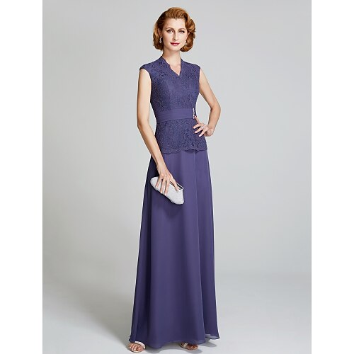 A-Line Mother of the Bride Dress V Neck Floor Length Chiffon Lace Sleeveless with Lace Sash / Ribbon 2022
A-Line Mother of the Bride Dress V Neck Floor Length Chiffon Lace Sleeveless with Lace Sash / Ribbon 2022
