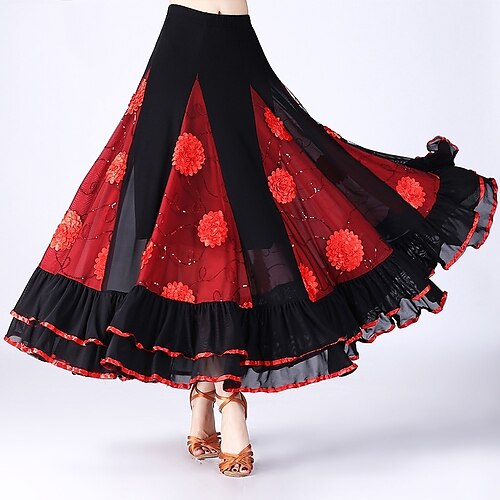 

Ballroom Dance Skirts Scattered Bead Floral Motif Style Ruching Split Joint Women's Performance Natural Tulle