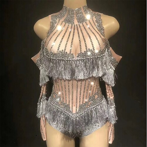 

Exotic Dancewear Leotard / Onesie Tassel Crystals / Rhinestones Women's Performance Long Sleeve Spandex