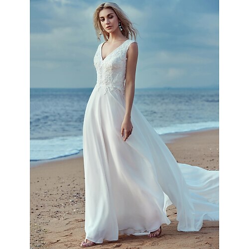 A-Line Wedding Dresses V Neck Sweep / Brush Train Chiffon Lace Regular Straps Cutouts with Lace 2022
A-Line Wedding Dresses V Neck Sweep / Brush Train Chiffon Lace Regular Straps Cutouts with Lace 2022