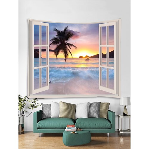 

Window Landscape Wall Tapestry Art Decor Blanket Curtain Picnic Tablecloth Hanging Home Bedroom Living Room Dorm Decoration Polyester Sea Ocean Beach Sunset Sunrise Palm