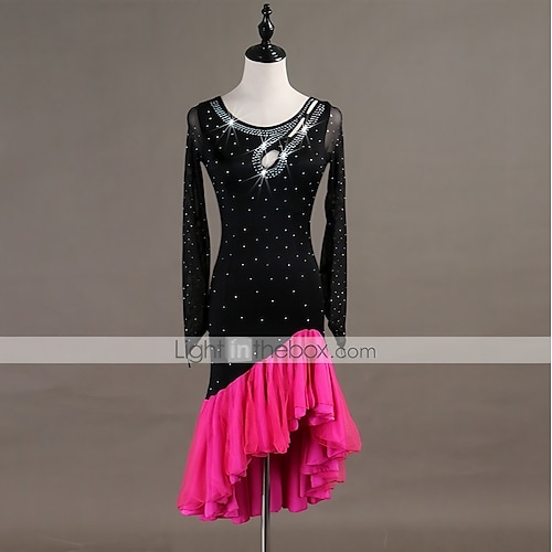 

Latin Dance Dress Tassel Crystals / Rhinestones Women's Training Long Sleeve High Spandex Tulle