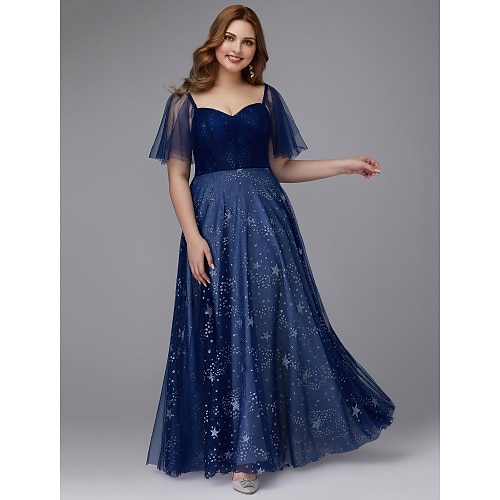 

A-Line Plus Size Dress Prom Floor Length Short Sleeve Sweetheart Neckline Tulle Lace-up with Beading Pattern / Print 2022 / Formal Evening