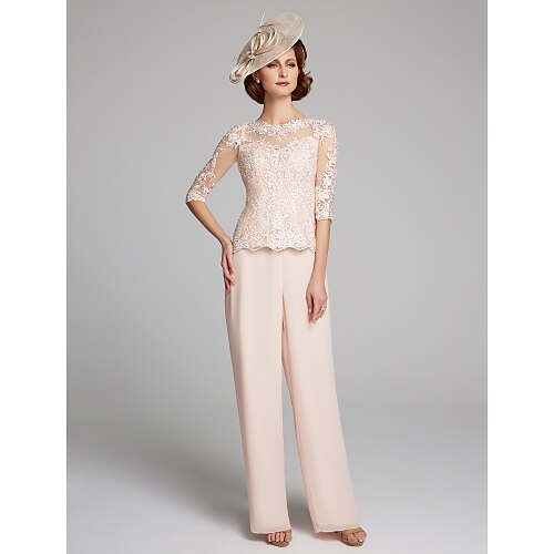 Pantsuit Mother of the Bride Dress Bateau Neck Floor Length Chiffon Lace 3/4 Length Sleeve with Lace 2022
Pantsuit Mother of the Bride Dress Bateau Neck Floor Length Chiffon Lace 3/4 Length Sleeve with Lace 2022