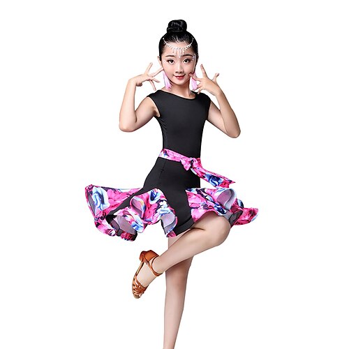 

Latin Dance Kids' Dancewear Dress Pattern / Print Ruching Split Joint Girls' Performance Sleeveless High Nylon