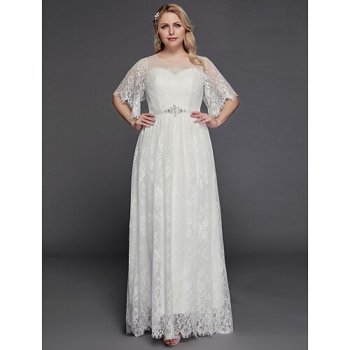 

A-Line Wedding Dresses Illusion Neck Jewel Neck Floor Length Lace Tulle Half Sleeve Formal Boho Little White Dress See-Through with Beading Lace Insert 2022 / Petal Sleeve