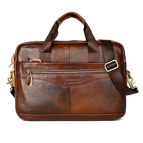

Men's Handbags Shoulder Messenger Bag Laptop Bag Briefcase Cowhide Belt Zipper Solid Color Daily Formal Office & Career Black Brown / Top Handle Bag