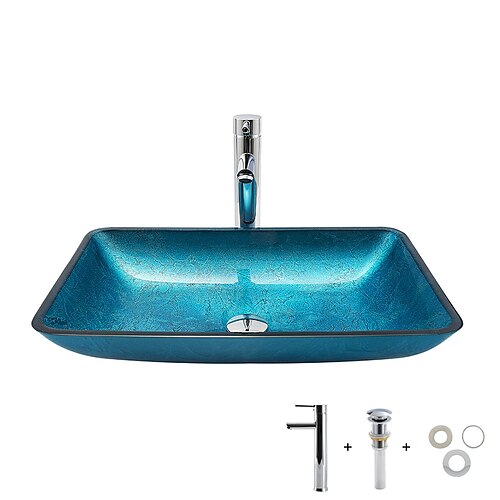 

Bathroom Sink / Bathroom Faucet / Bathroom Mounting Ring Vanity Wash Basin - Tempered Glass Rectangular Vessel Sink