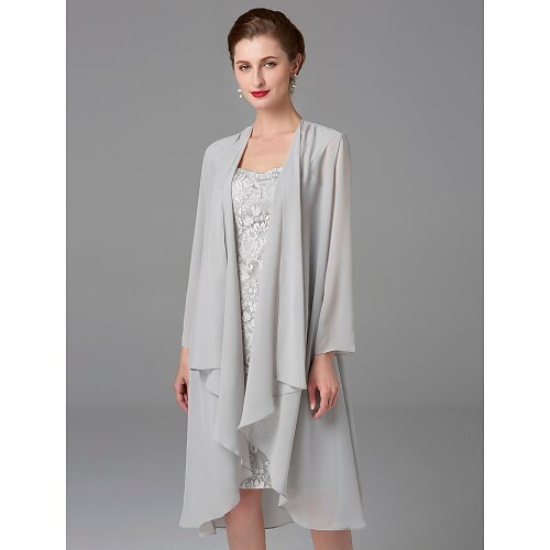 Two Piece Sheath / Column Mother of the Bride Dress Square Neck Knee Length Chiffon Lace Long Sleeve Jacket Dresses with Lace Ruffles 2022
Two Piece Sheath / Column Mother of the Bride Dress Square Neck Knee Length Chiffon Lace Long Sleeve Jacket Dresses with Lace Ruffles 2022