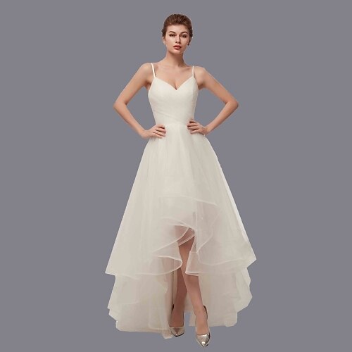 A-Line Wedding Dresses V Neck Asymmetrical Tulle Spaghetti Strap Simple Casual Little White Dress with Side-Draped 2022
A-Line Wedding Dresses V Neck Asymmetrical Tulle Spaghetti Strap Simple Casual Little White Dress with Side-Draped 2022
