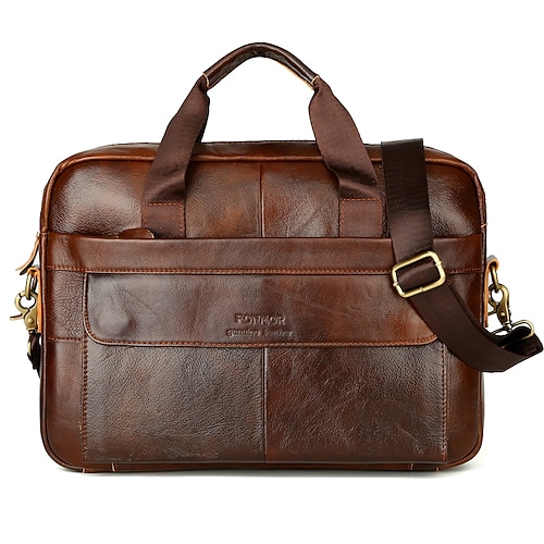 

Men's Handbags Laptop Bag Briefcase Top Handle Bag Leather Cowhide Belt Zipper Solid Color Daily Formal Office & Career Black Brown