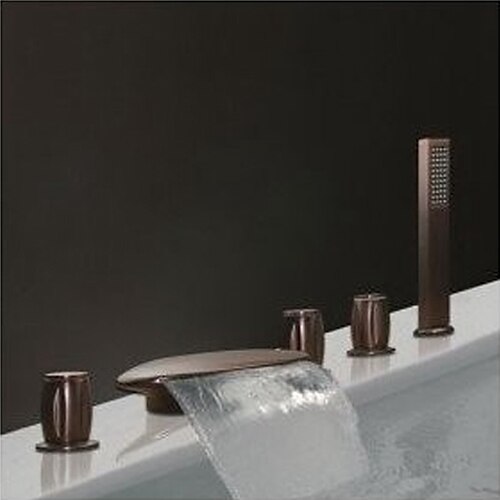 

Bathtub Faucet - Contemporary Oil-rubbed Bronze Roman Tub Brass Valve Bath Shower Mixer Taps / Three Handles / Yes / Three Handles Five Holes / Waterfall / Three Handles Five Holes