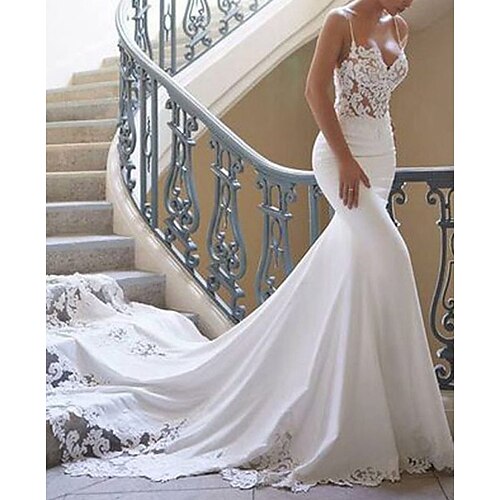 

Mermaid / Trumpet Wedding Dresses Sweetheart Neckline Court Train Lace Stretch Satin Spaghetti Strap Sexy with Lace Appliques 2022