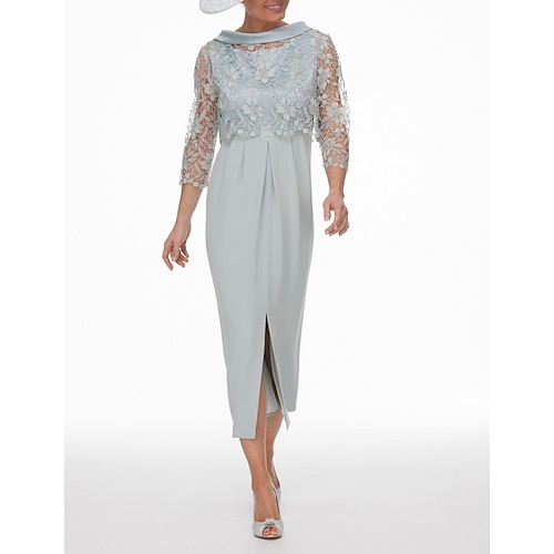 

Two Piece Sheath / Column Mother of the Bride Dress Wrap Included Jewel Neck Ankle Length Chiffon Lace 3/4 Length Sleeve with Appliques Split Front 2022