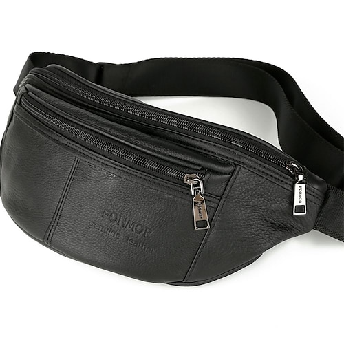 

Men's Bum Bag Messenger Bag Fanny Pack Nappa Leather Cowhide Zipper Solid Color Daily Black