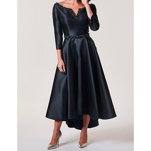 

A-Line Mother of the Bride Dress Plus Size V Neck Asymmetrical Satin 3/4 Length Sleeve with Pleats Beading 2022