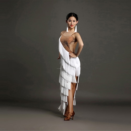 

Latin Dance Dress Tassel Crystals / Rhinestones Women's Performance Sleeveless Natural Spandex