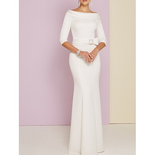 

Sheath / Column Mother of the Bride Dress Vintage Plus Size Bateau Neck Floor Length Charmeuse Half Sleeve with Sash / Ribbon 2022